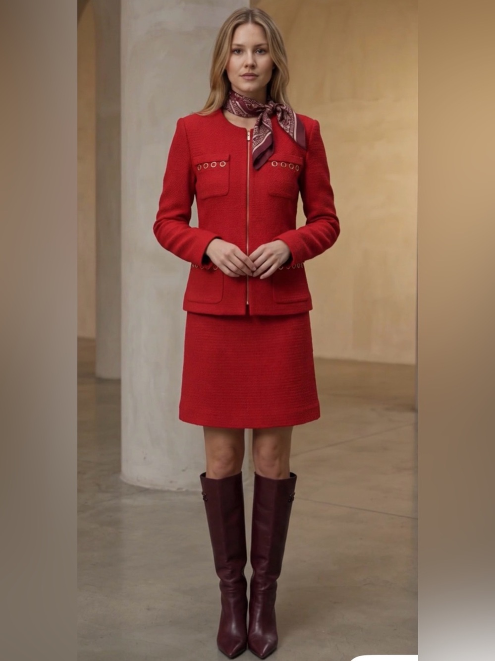 ST. JOHN Womens  Knit Tweed Red Jacket W Gold Embellishments Sz 8 MSRP $1380